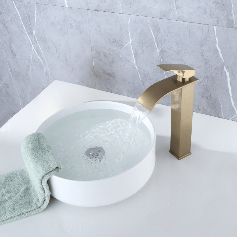 Grifo Lavabo Oro Cepillado Caño Alto Cascada – FONTEA ALTUS AURI GRIFERS