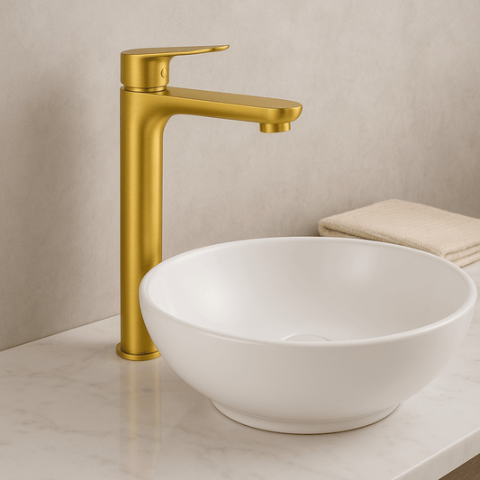 Grifo Lavabo Oro Cepillado Caño Alto – LINEA ALTUS AURI GRIFERS