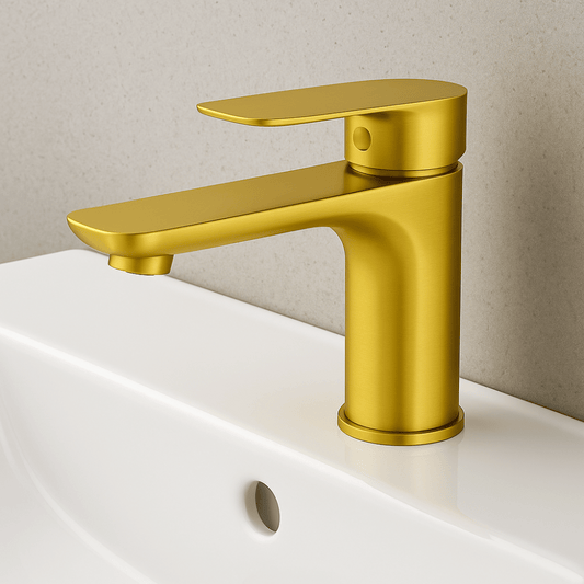 Grifo Lavabo Oro Cepillado Caño Bajo – LINEA BASIS AURI GRIFERS