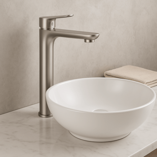 Grifo Lavabo Acero Cepillado Caño Alto – LINEA ALTUS HIBERA GRIFERS
