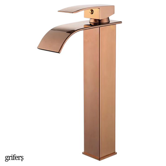 Grifo Lavabo Oro Rosa Caño Alto Cascada – FONTEA ALTUS ROSEA GRIFERS